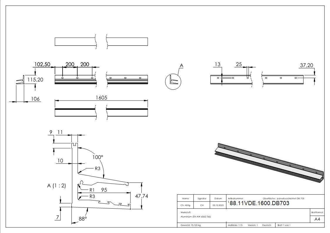 Vordachprofil eleganza canopy- L- 1605mm- DB703-88-11VDE-1600.DB703