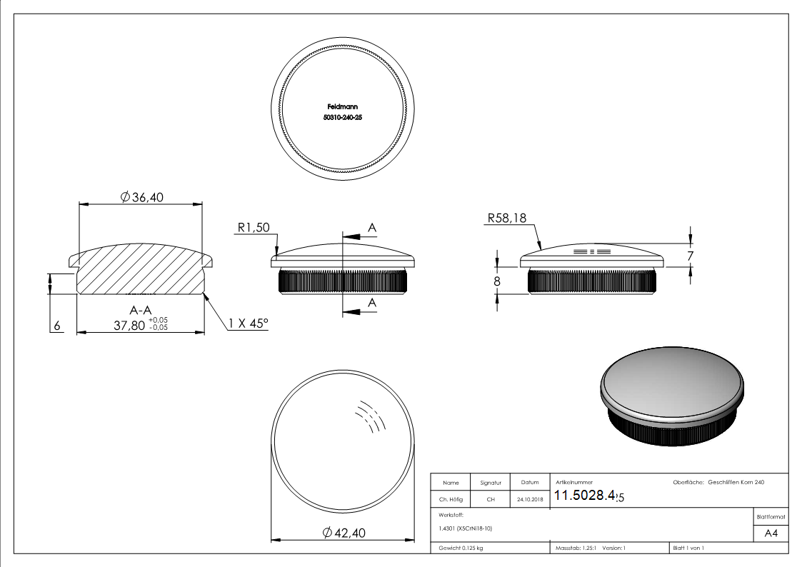 Bouchon légèrement bombé V2A matériau plein pour Ø 42,4x2,6 mm
