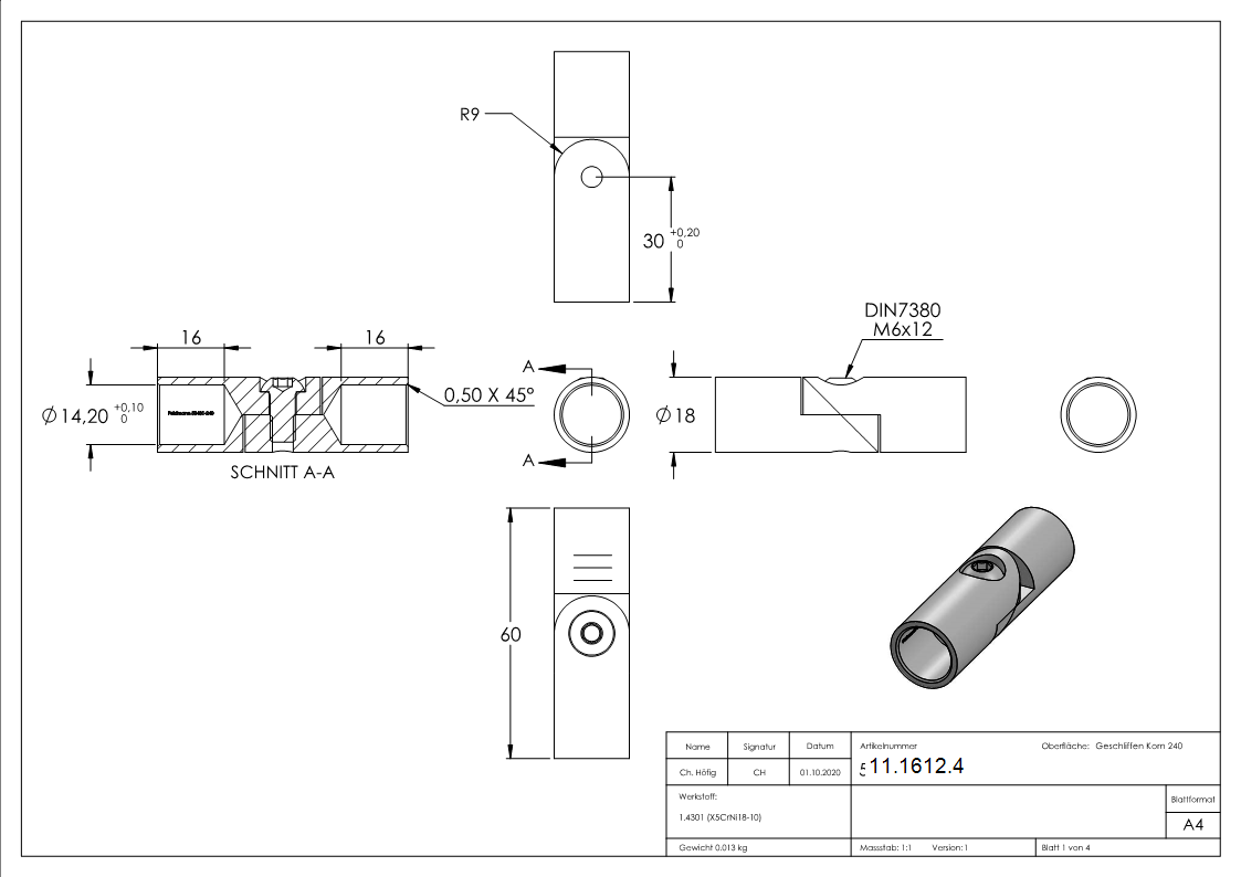 Rundstabverbinder V2A Ø 14 mm Gelenk 0-100°-11-1612.4