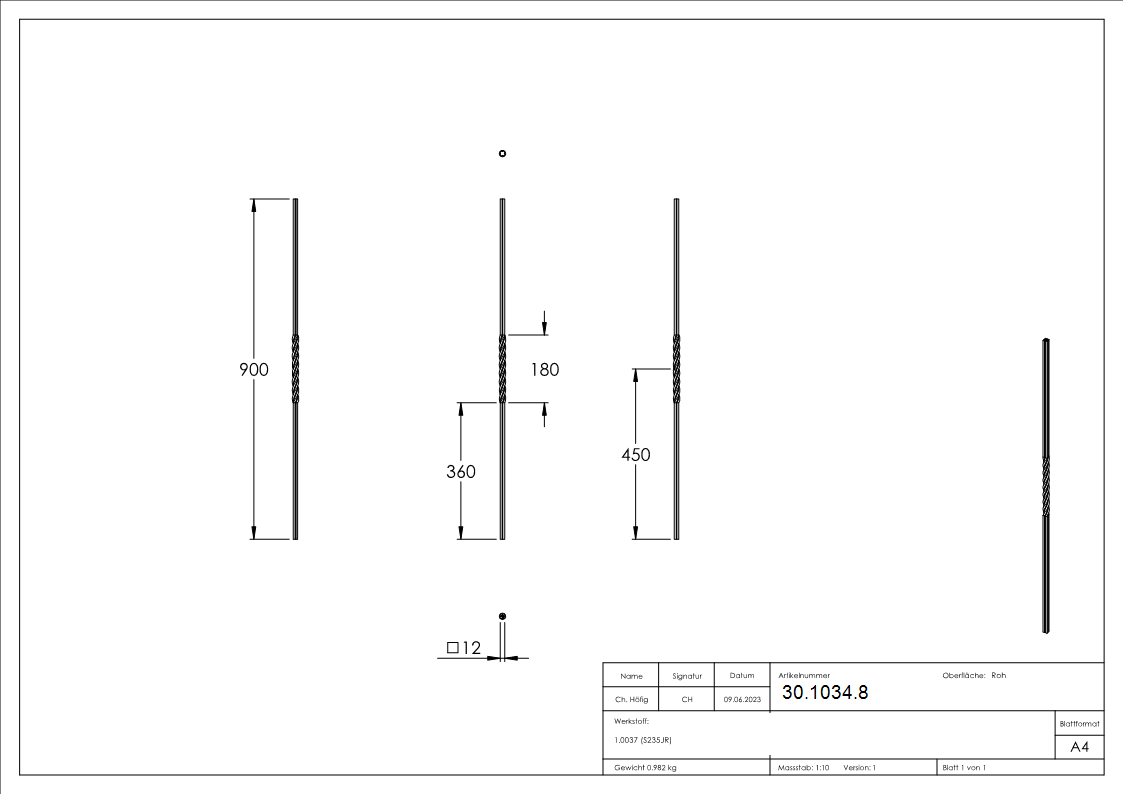 barre intermédiaire | longueur : 900 mm | matériau : 12x12 mm | rainuré | acier S235JR, brut