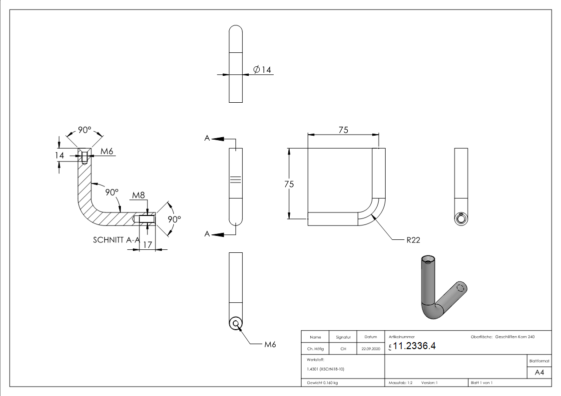 Equerre | Ø 14 mm | avec 2 x filetage intérieur : M6 M8 | V2A