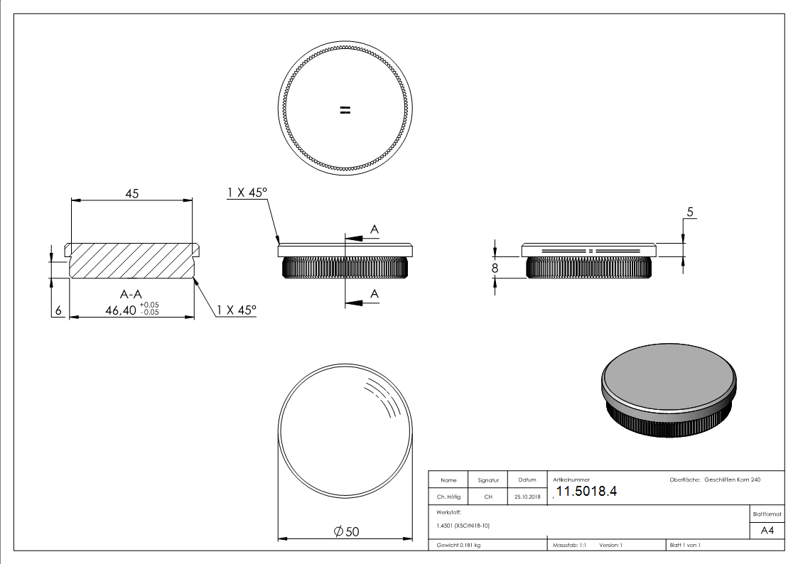 Rohrstopfen fuer Ø 50-0x2-0 mm flach zum Einschlagen V2A-11-5018.4