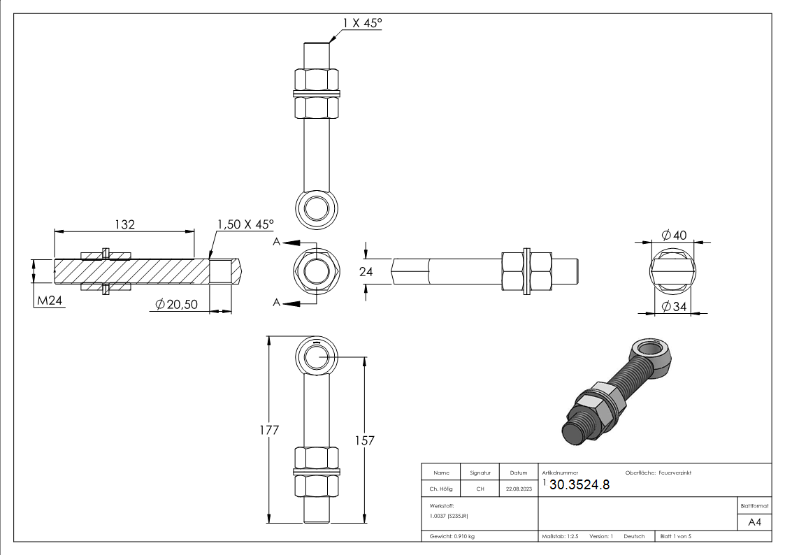 Charnière de portail M24 | Boulon à œil | Acier (brut) S235JR