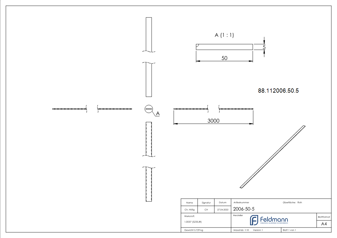 Fer plat S235JR ; 50x5mm ; longueur 3000mm