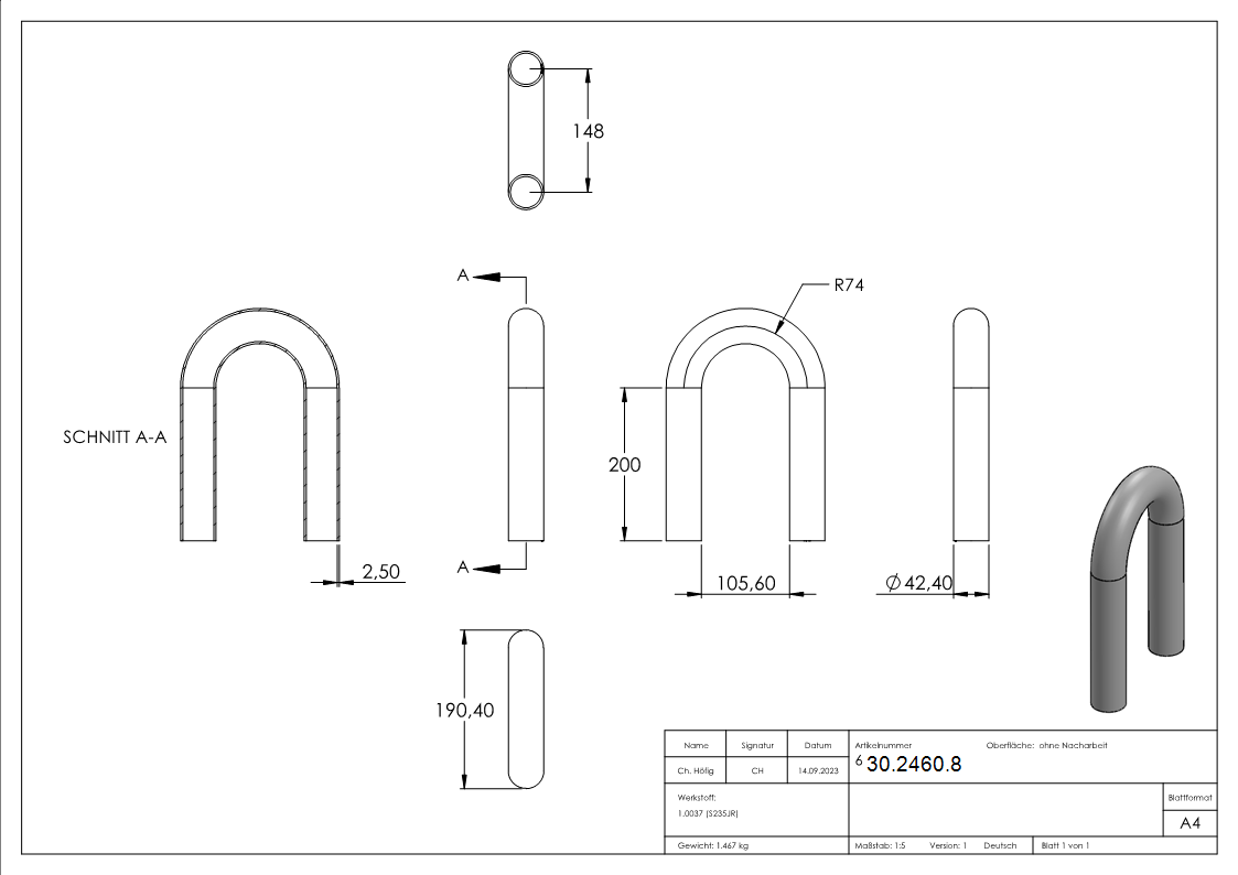 Rohrbogen 180° Stahl roh Radius-Mitte 74mm - 42-4 x 2-5 mm -1 ¼- - S235JR-30-2460.8