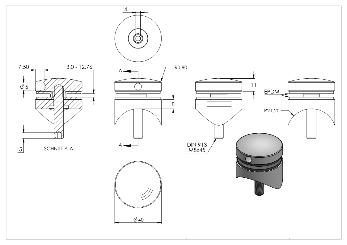 Glaspunkthalter Ø 40 mm fuer Anschluss- flach - Ø 42-4 mm V2A-10-GPH40.4