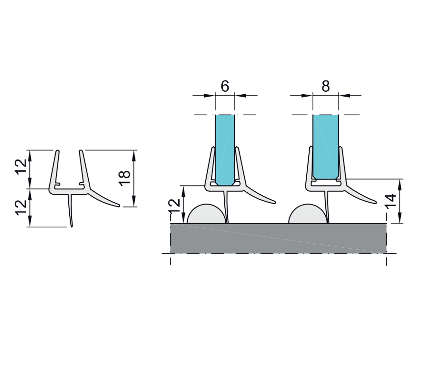Dichtungsleiste unten fuer Glastueren- Kunststoff- 6-8 mm Glasstaerke- 2500 mm-89-11GSPVCDT148-A.4