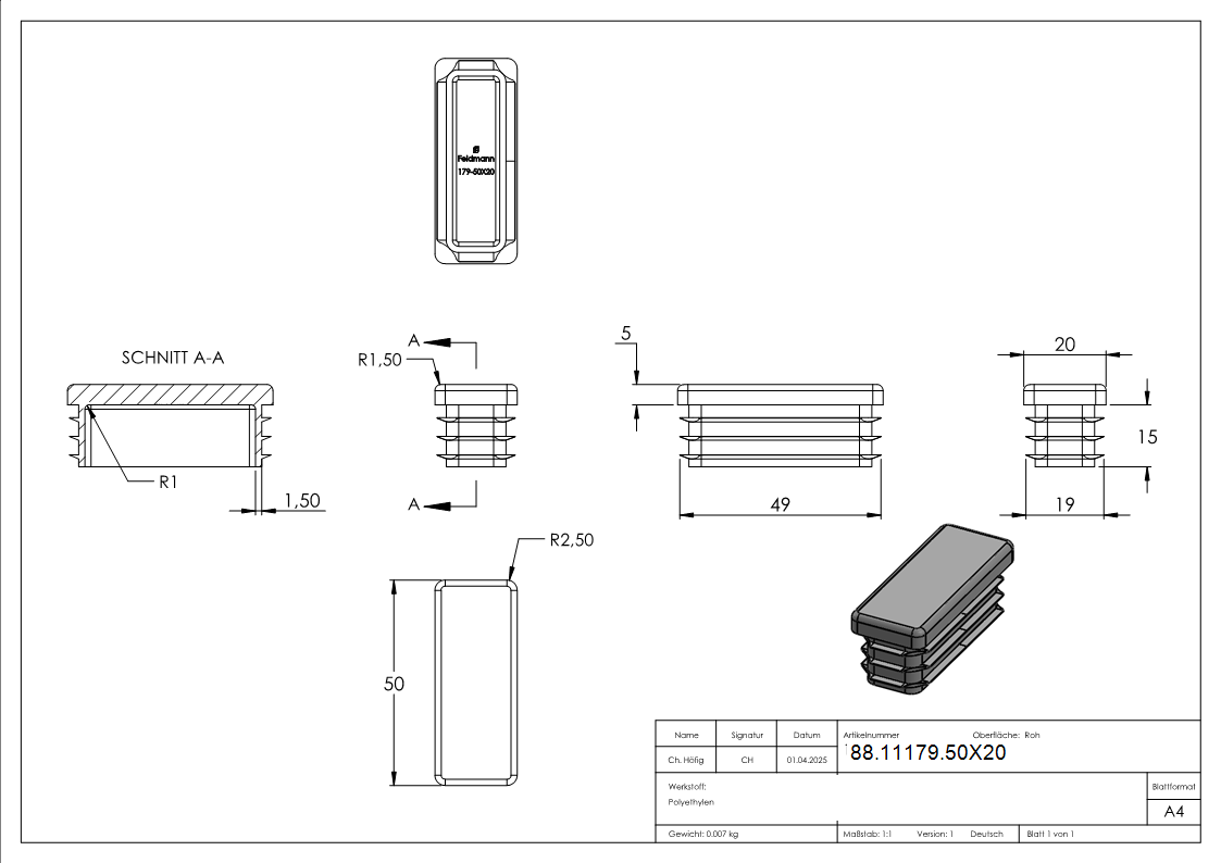 Einsteckkappe Kunststoff fuer Rechteckrohr 50 x 20 mm schwarz- Wandstaerke 1-0-3-0 mm-88-11179.50X20