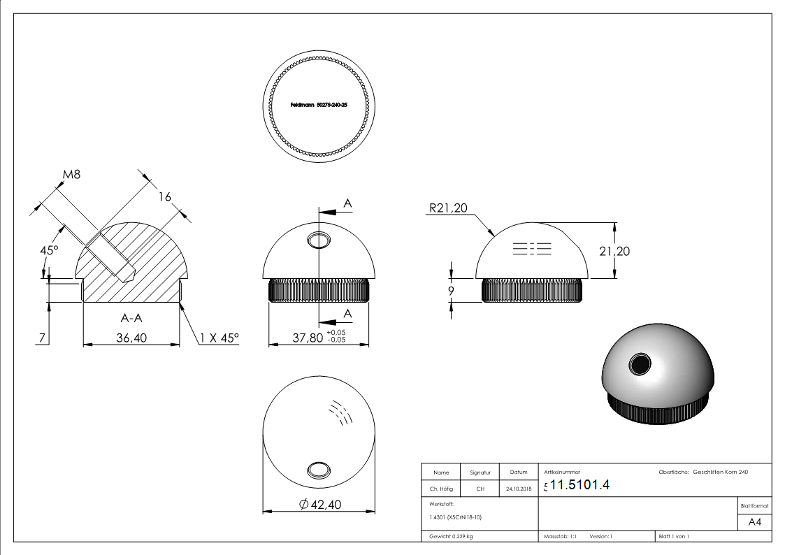 Bouchon semi-circulaire avec M8 45° pour Ø 42,4x2,6 mm V2A matériau plein