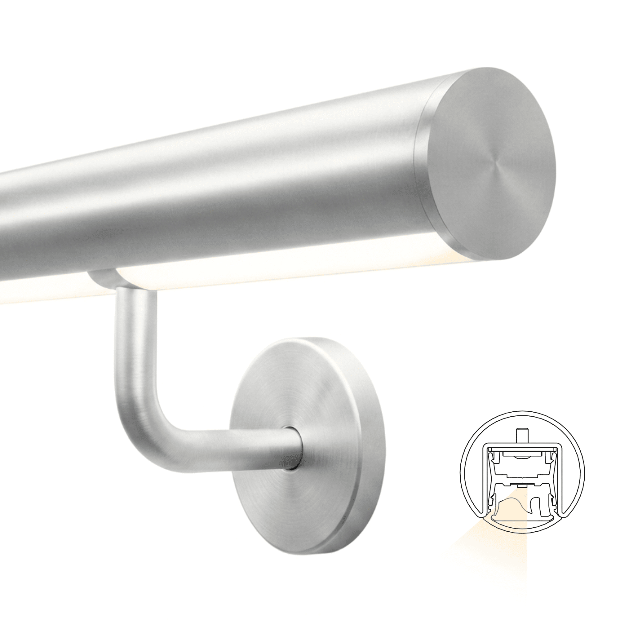LED Handlauf Komplettset fuer durchgaengig Beleuchtung- Edelstahl V2A- 2 Meter- Warmweiss 2700 K- System mit Linse-88-11LED-LUNORA-WW.L1