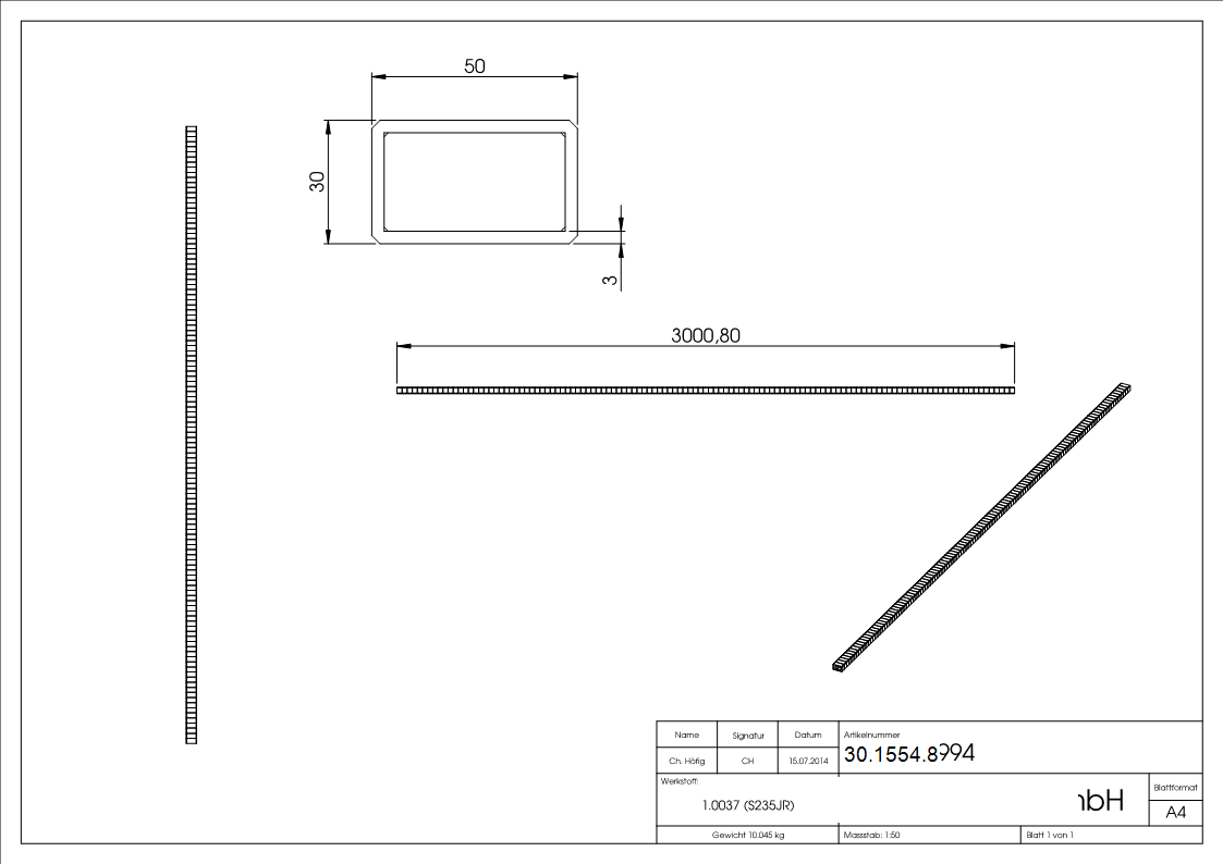Rechteckrohr gehaemmert 50x30x2-5 mm 3000 mm Stahl S235JR- roh-30-1554.8