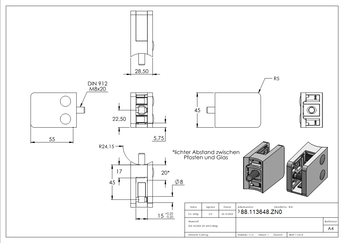 Glasklemme Zinkdruckguss roh 45 x 55 x 28-5 mm fuer Rohr Ø 48-3 mm eckig-88-113648.ZN0