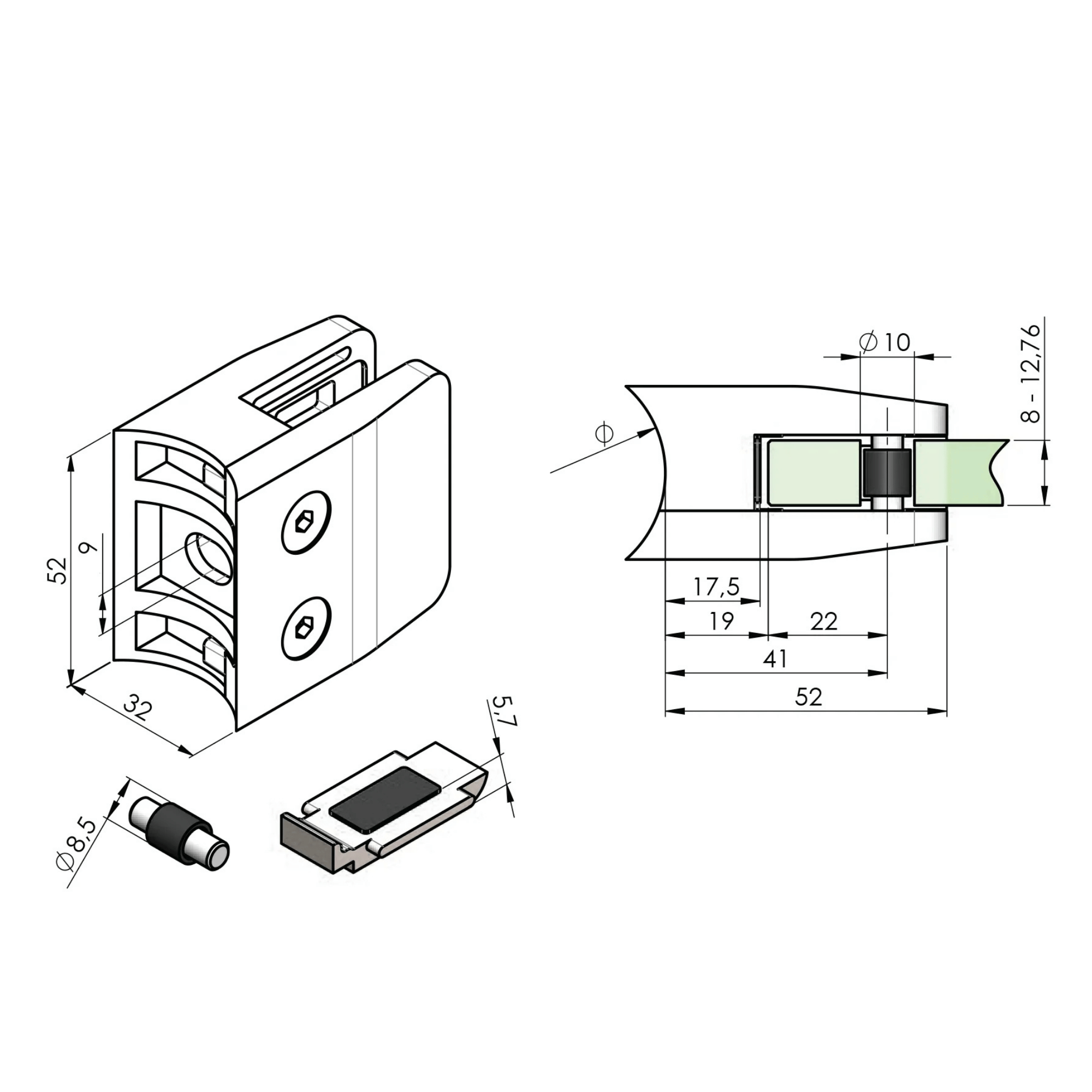 Glashalter Edelstahl AISI 304 fuer Glas 8-12-76 mm Rohr D48-3 geschliffen-89-11A2600048-A.4