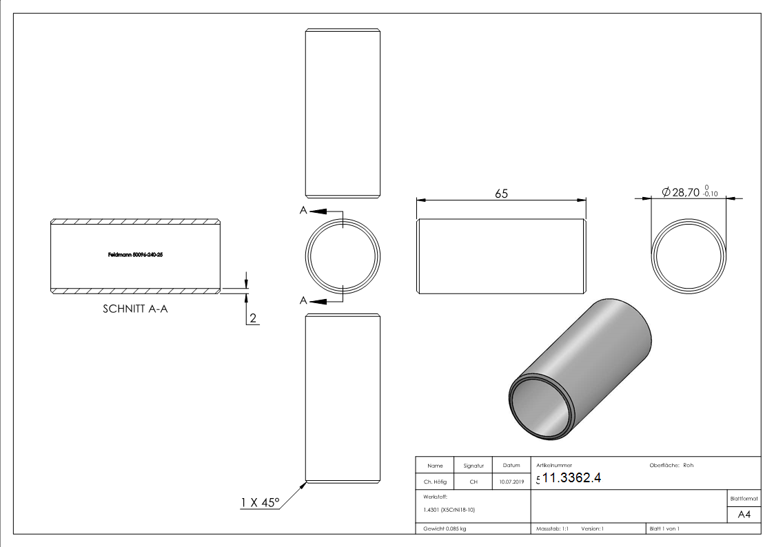 Manchon de raccordement pour tube rond Ø 33.7x2.6 mm V2A