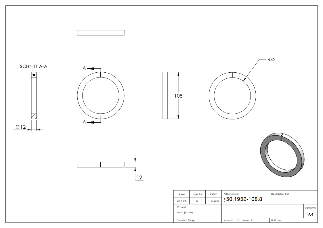 Ring - Material- 12x12 mm - Aussen-Ø 108 mm - Stahl S235JR- roh-30-1932-108.8