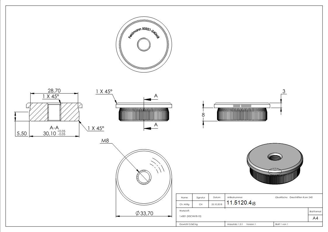 Einsteckkappe V2A fuer Rohr Ø 33-7 mm- Wandstaerke 2-0 mm- M8 Gewinde- flach-11-5120.4