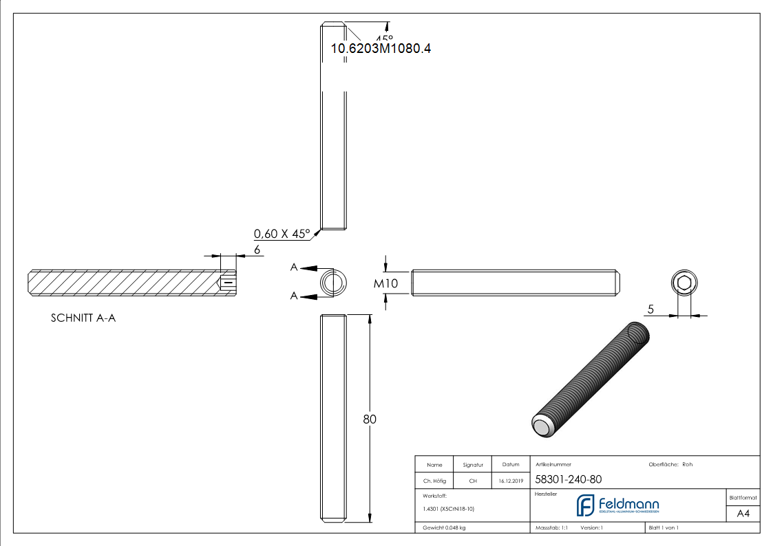 Gewindestift V2A M10x80 Innensechskant Kegelkuppe DIN 913-10-6203M1080.4