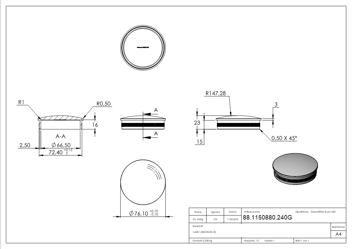 Bouchon, pour tuyau 76,1 x 2,0mm, V2A