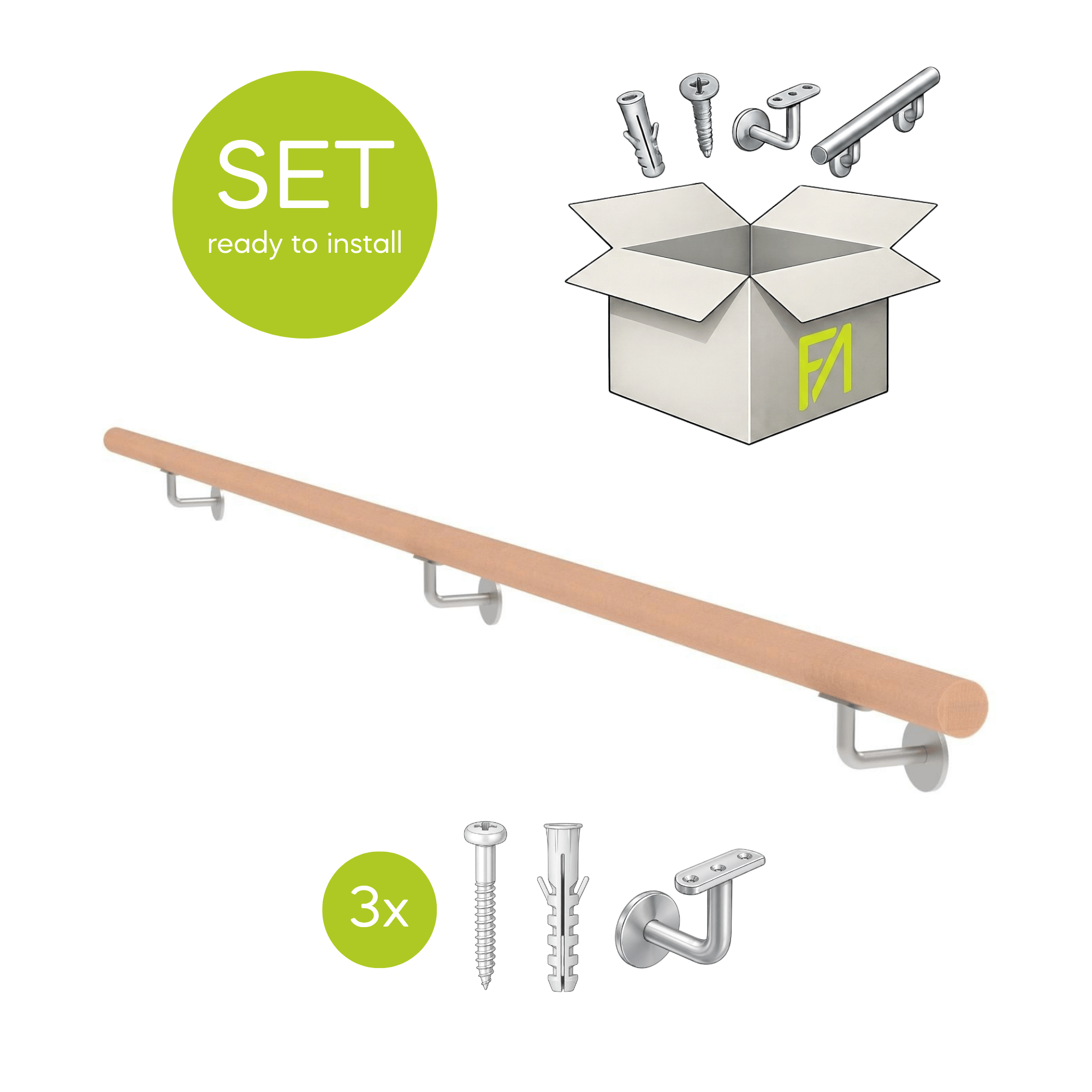 Handlauf-Set Buche Edelstahl 2500 mm roh mit Haltern mit Duebel und Schrauben-89-11WBM2500-A.4-D