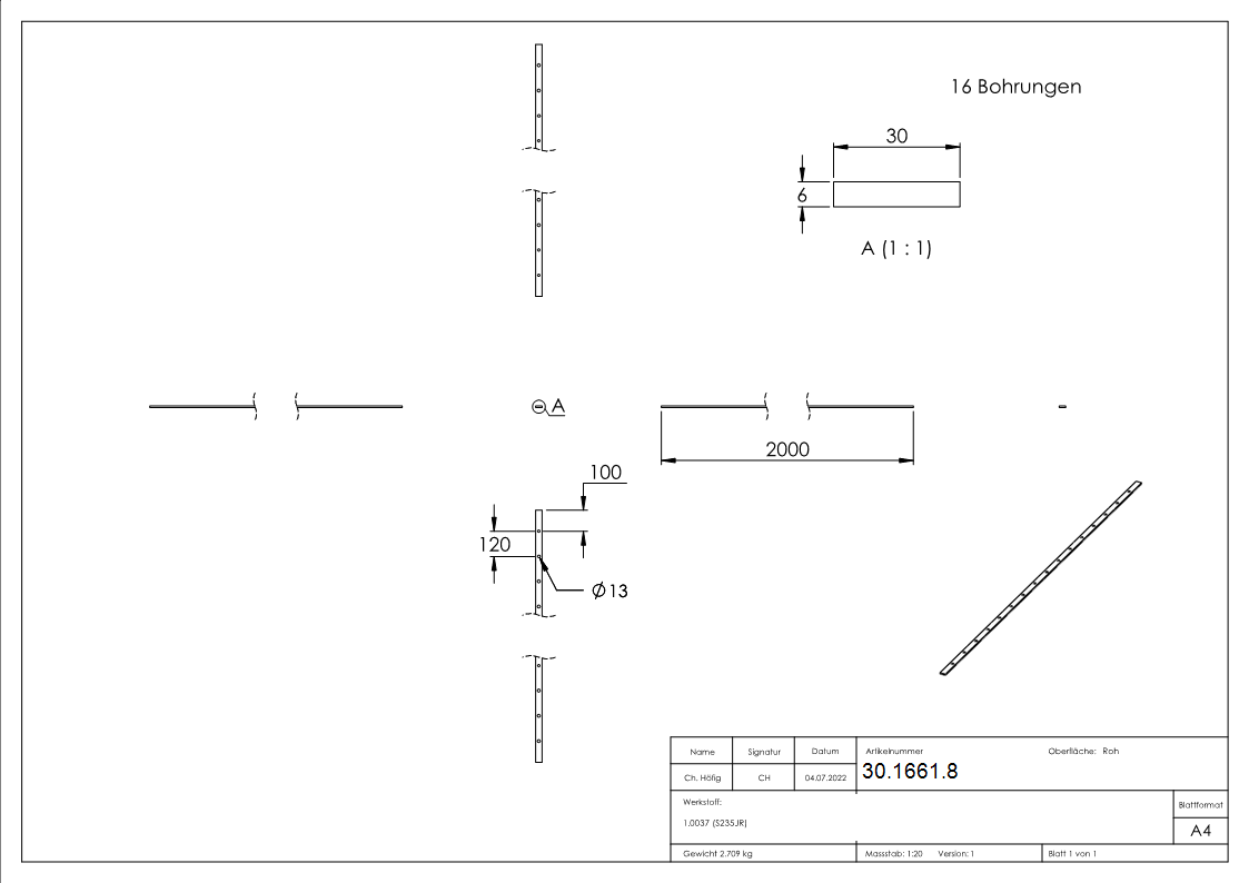 Flacheisen gelocht Laenge- 2000 mm 16 Lochungen Stahl -Roh- S235JR-30-1661.8