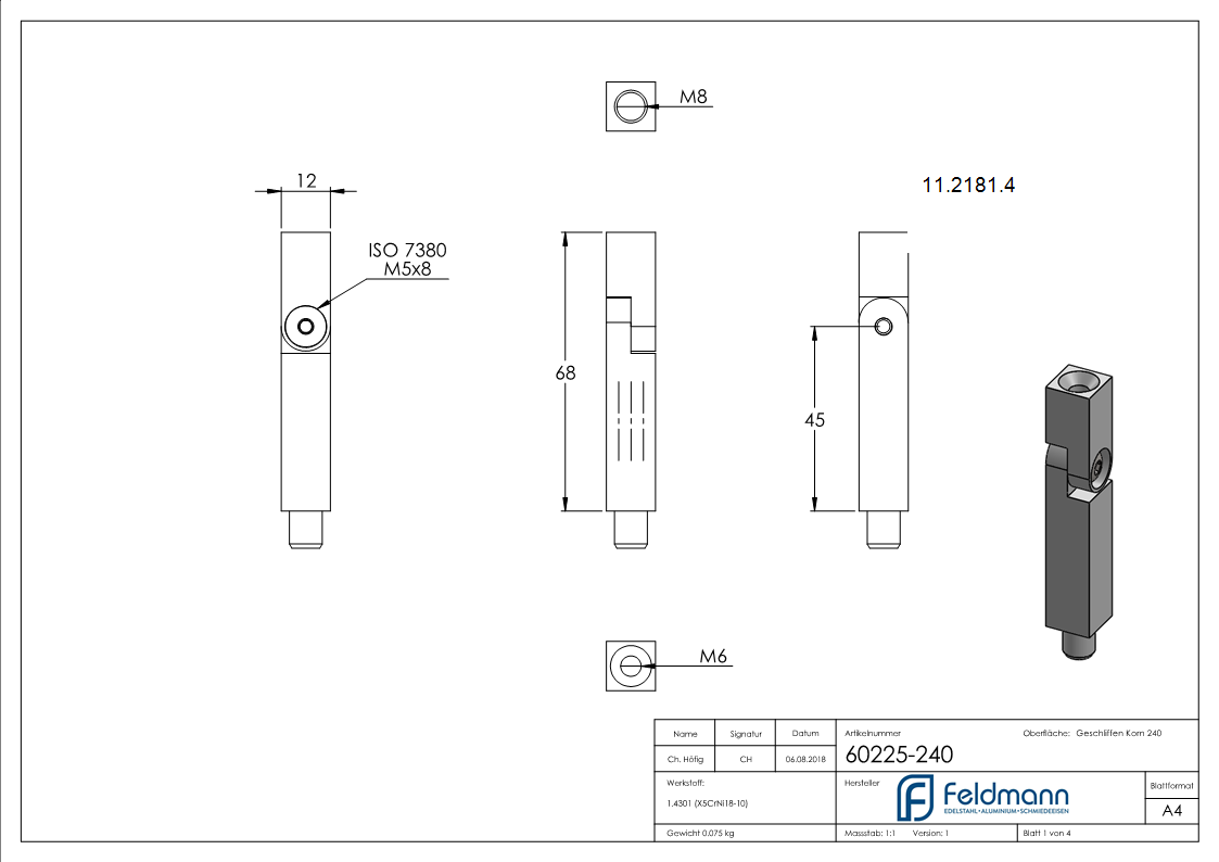 Goupille d'articulation | dimensions : 68x12x12 mm | avec filetage extérieur et intérieur | V2A