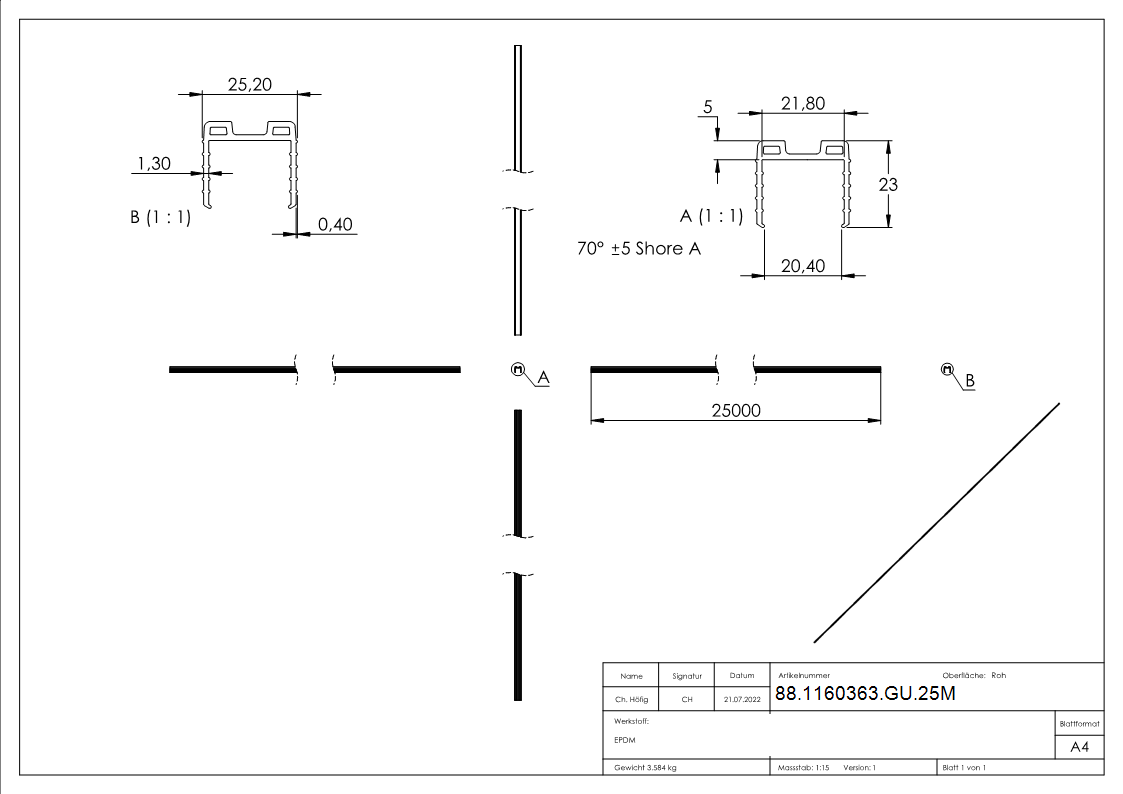 Joint à coin verre 20,76 - 21,52mm, pour rainure 24 x 24mm, longueur 25m, EPDM
