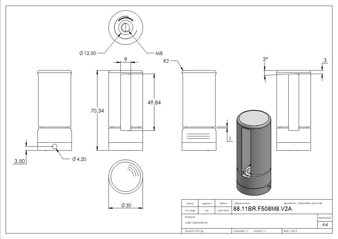 Support de base Brenk pour barres plates 50 x 8mm, V2A
