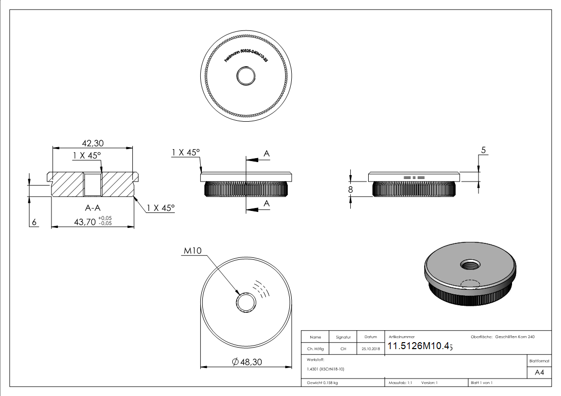 Bouchon plat V2A en matière solide avec M10 pour Ø 48,3x2,5 mm