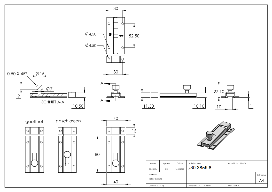 Torriegel - Laenge- 80 mm - verzinkt - zum Anschrauben-30-3859.8