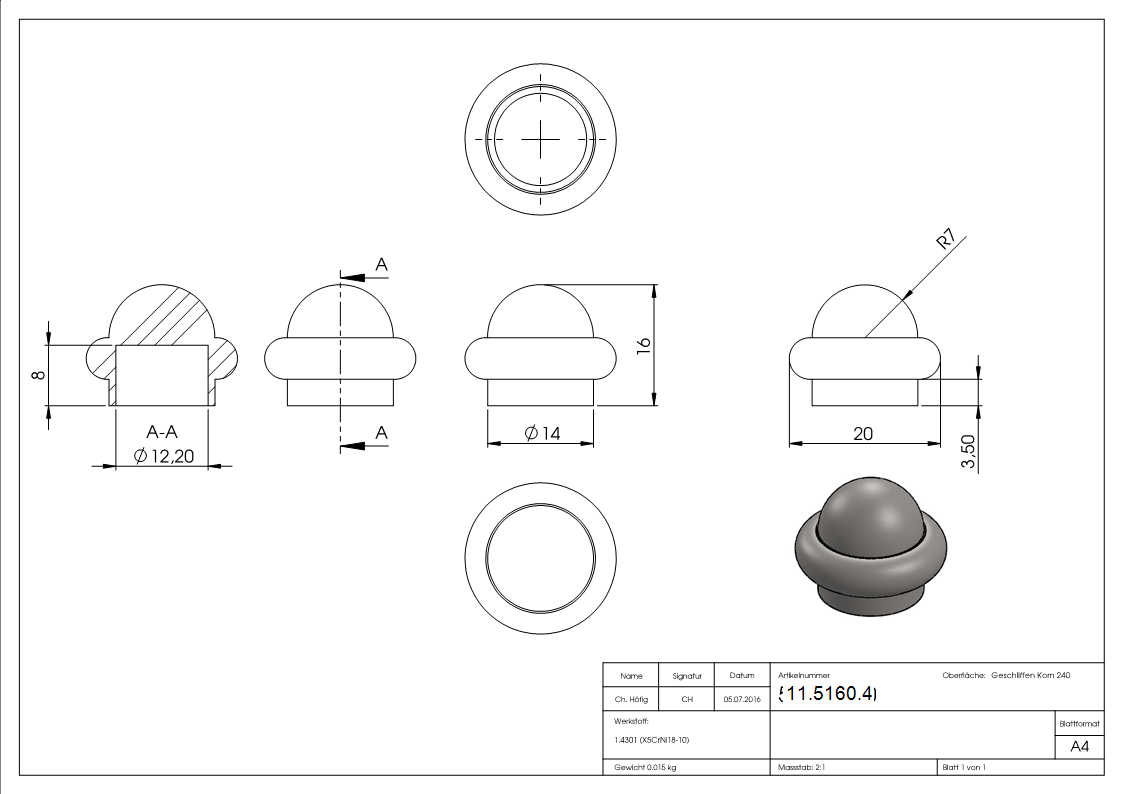Zierabschluss-Kugel mit Buendchen zum Kleben V2A-11-5160.4