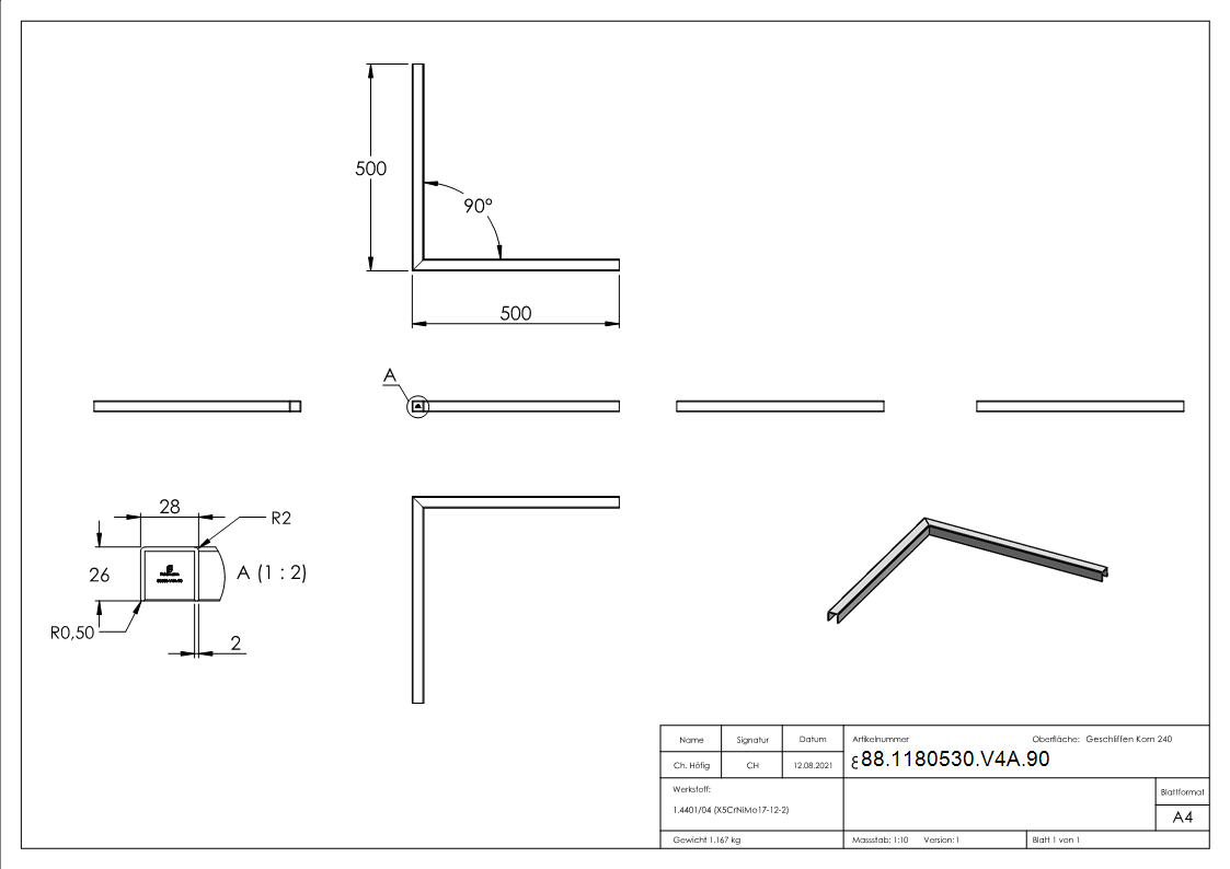 Edelstahl-U-Profil 90° Ecke- 500 x 500mm- V4A-88-1180530-V4A.90