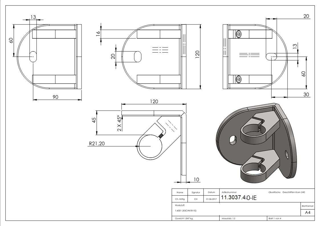 Wandanker 90° Innenecke zum Spannen fuer Rohr Ø 42-4 mm - V2A-11-3037.4