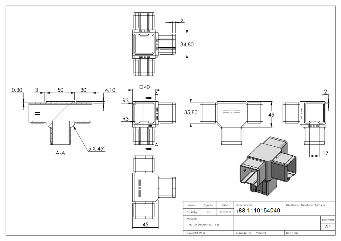Connecteur pour tube 40x40x2mm, V4A