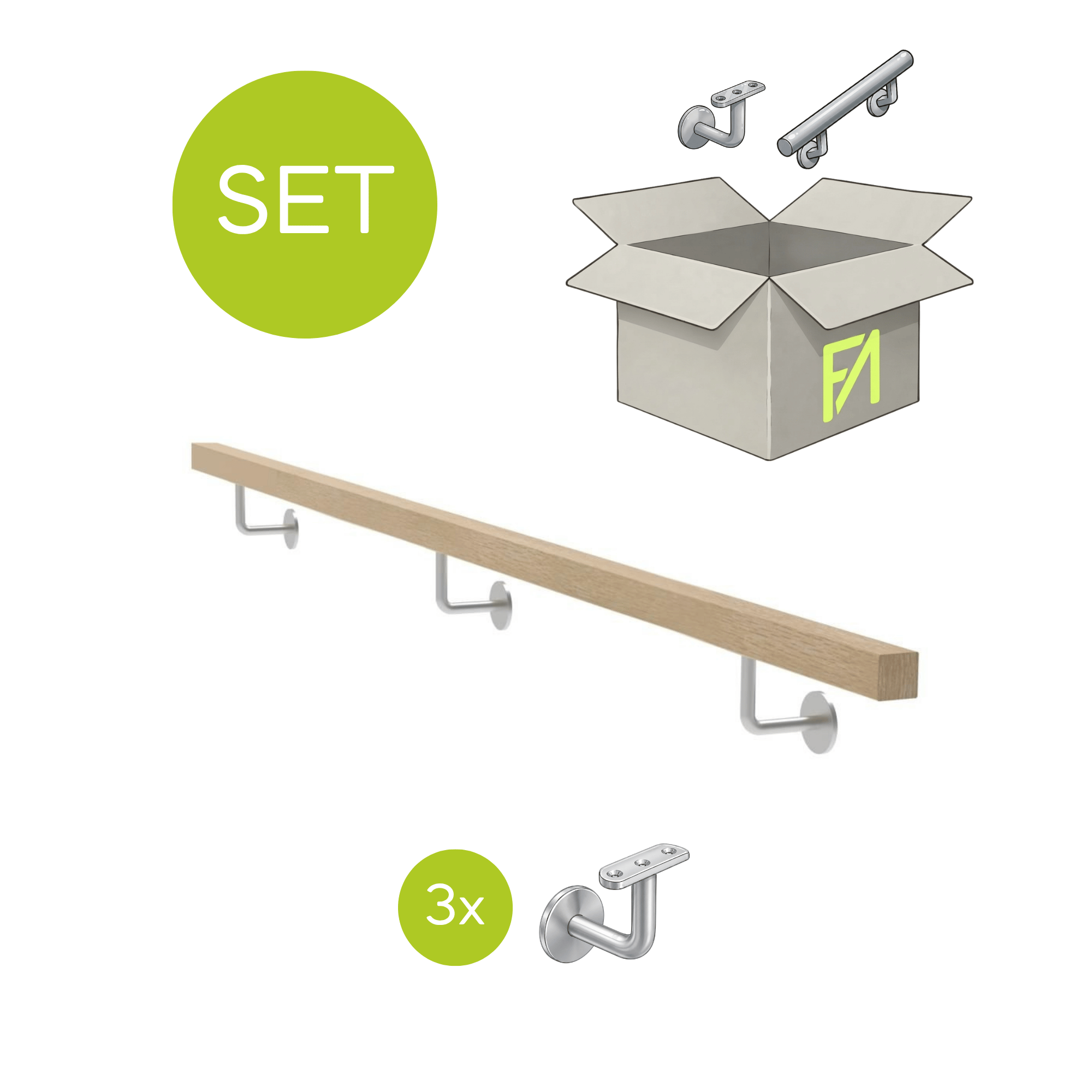 Wandhandlauf Eiche keilgezinkt 40 x 40 mm - 2500 mm Set mit V2A Haltern-89-11WDJPM2500CINK-A.4