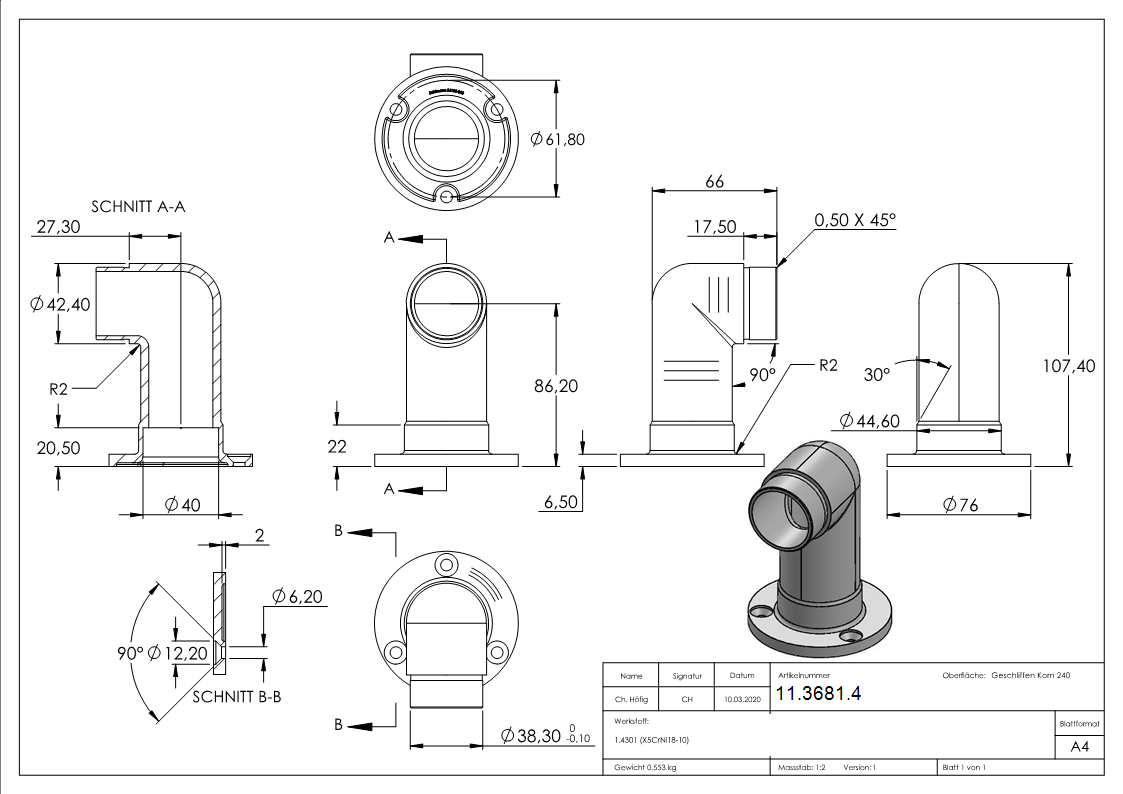 Support mural 90° long, pour tube rond Ø 42.4x2.0 mm V2A