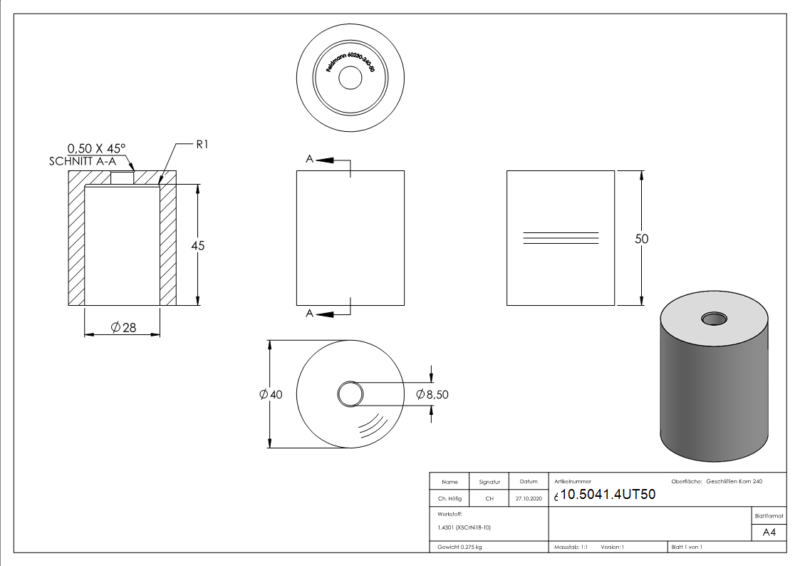 Glaspunkthalter-Unterteil Ø 40 mm- V2A- Hoehe- 50 mm-10-5041.4UT50