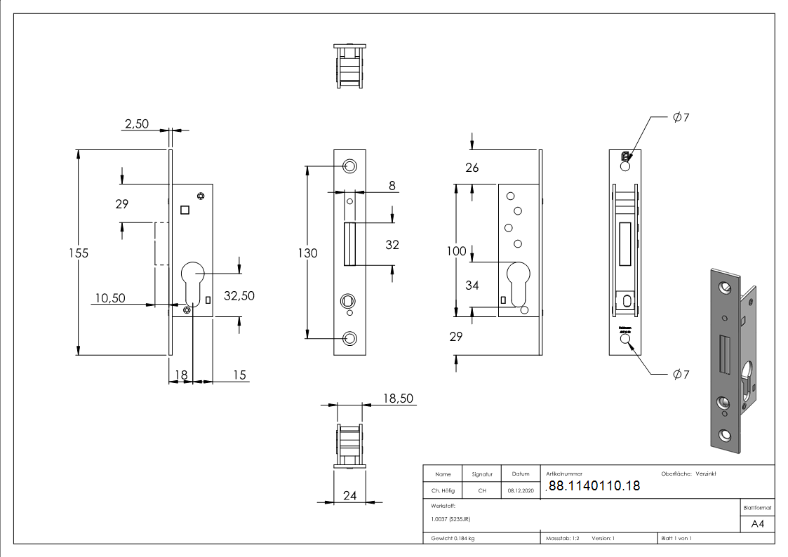 Serrure à pêne dormant à cadre tubulaire, distance d'encastrement 18 mm