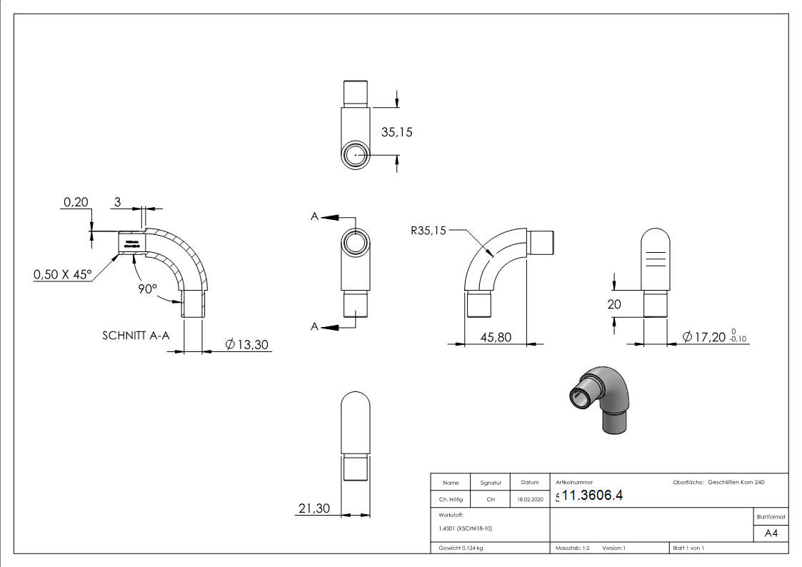 Coude 90° rond, pour tube rond Ø 21,3x2,0 mm V2A