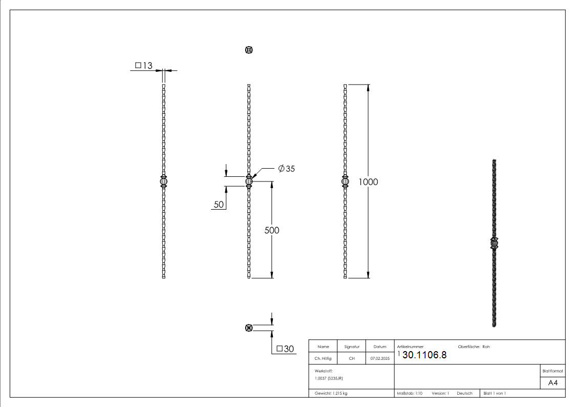 Zwischenstab - Laenge- 900 mm - Material- 13x13 mm - gehaemmert - Stahl S235JR- roh-30-1106.8