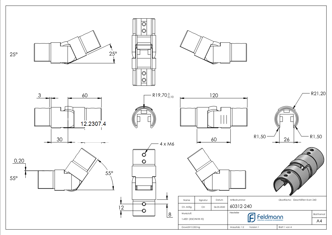 Connecteur flexible | vers le haut 25-55° | pour tube rainuré Ø 42.4 mm | V2A