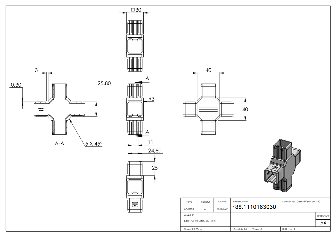 Connecteur pour tube 30x30x2mm, V4A