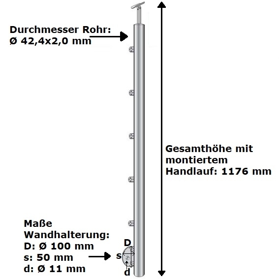 Gelaenderpfosten V2A D42-4 mm 1000 mm seitliche Montage 5 Fuellstabhalter d12mm-14-0071RR-A.4