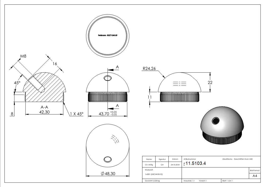 Bouchon demi-rond V2A en matériau plein avec M8 45° pour Ø 48,3x2,6 mm
