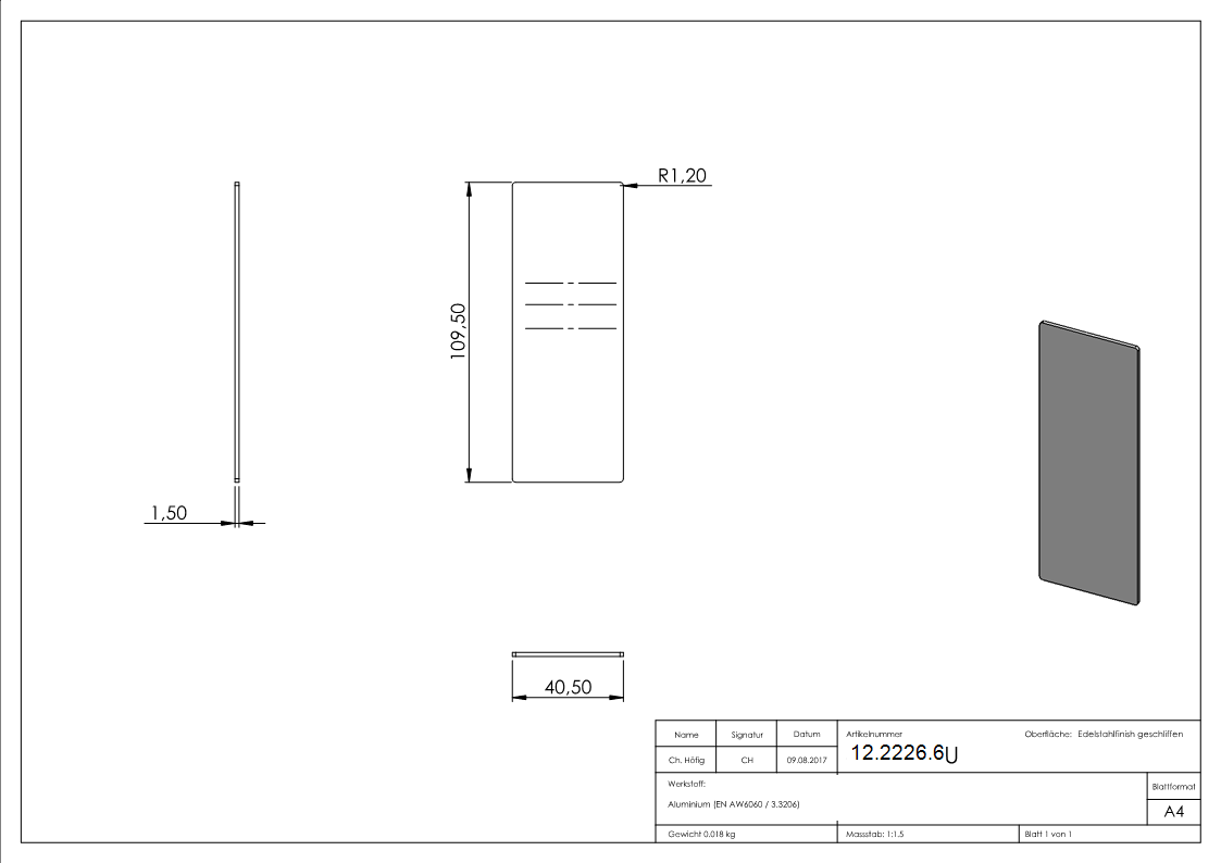 Endkappe - fuer Ganzglasgelaender - Masse- 109-5x40-5x1-5 mm - Aluminium-12-2226.6