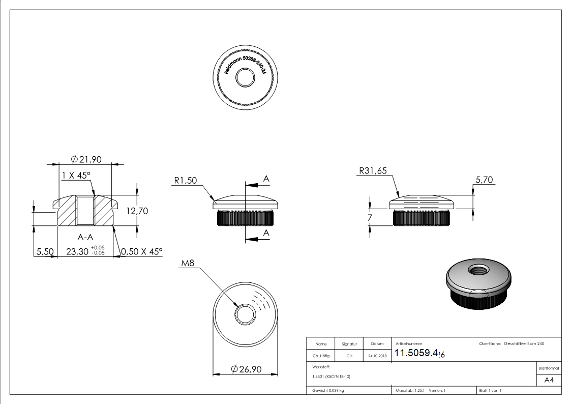 Bouchon légèrement bombé avec M8 pour Ø 26,9x2,0 mm V2A matériau plein
