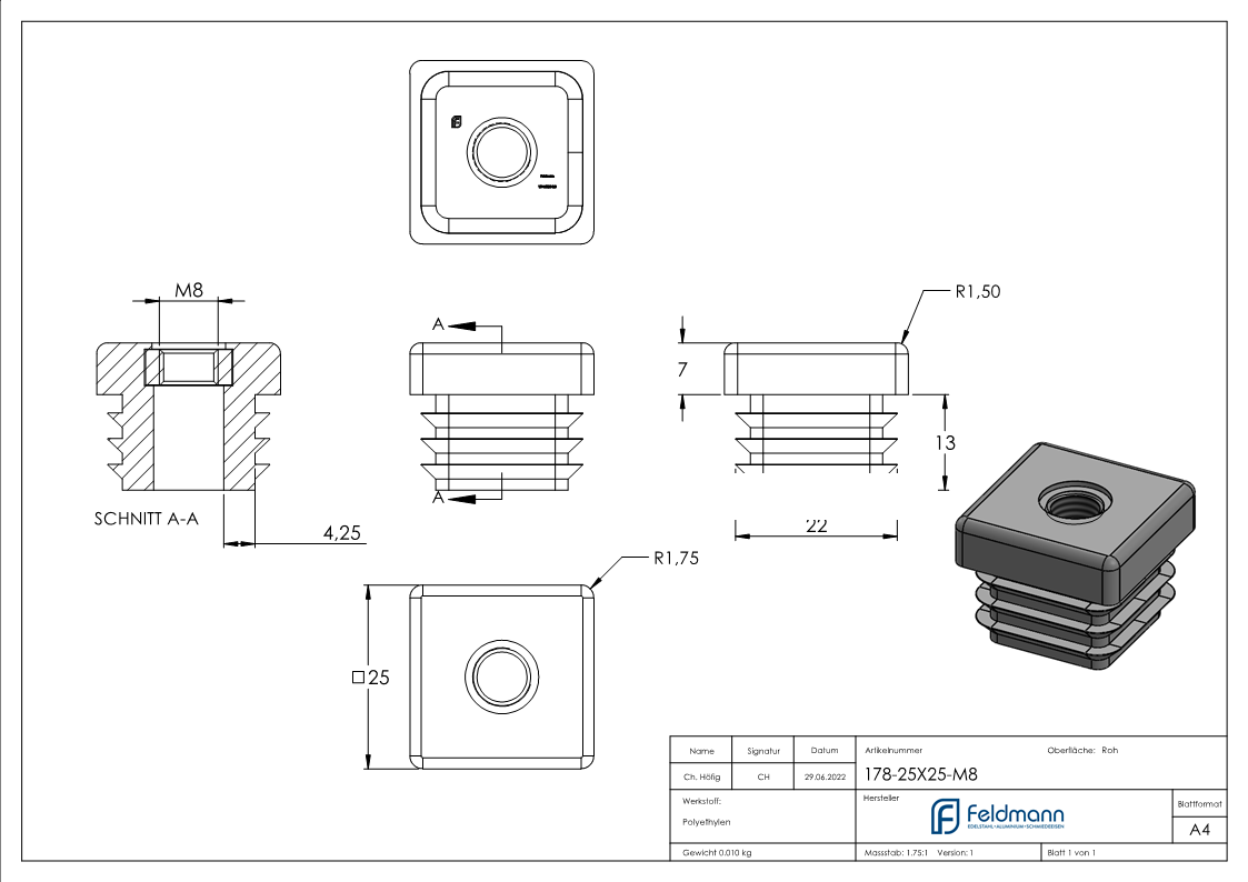 Kunststoffkappe schwarz fuer Quadratrohr 25x25mm mit M8 Gewinde-88-11178-25X25.M8