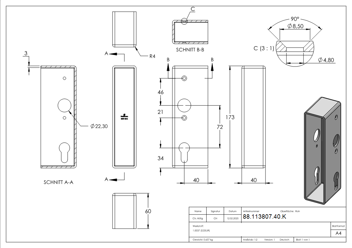 Schlosskasten Stahl 40 x 60 x 172 mm roh-88-113807-40.K
