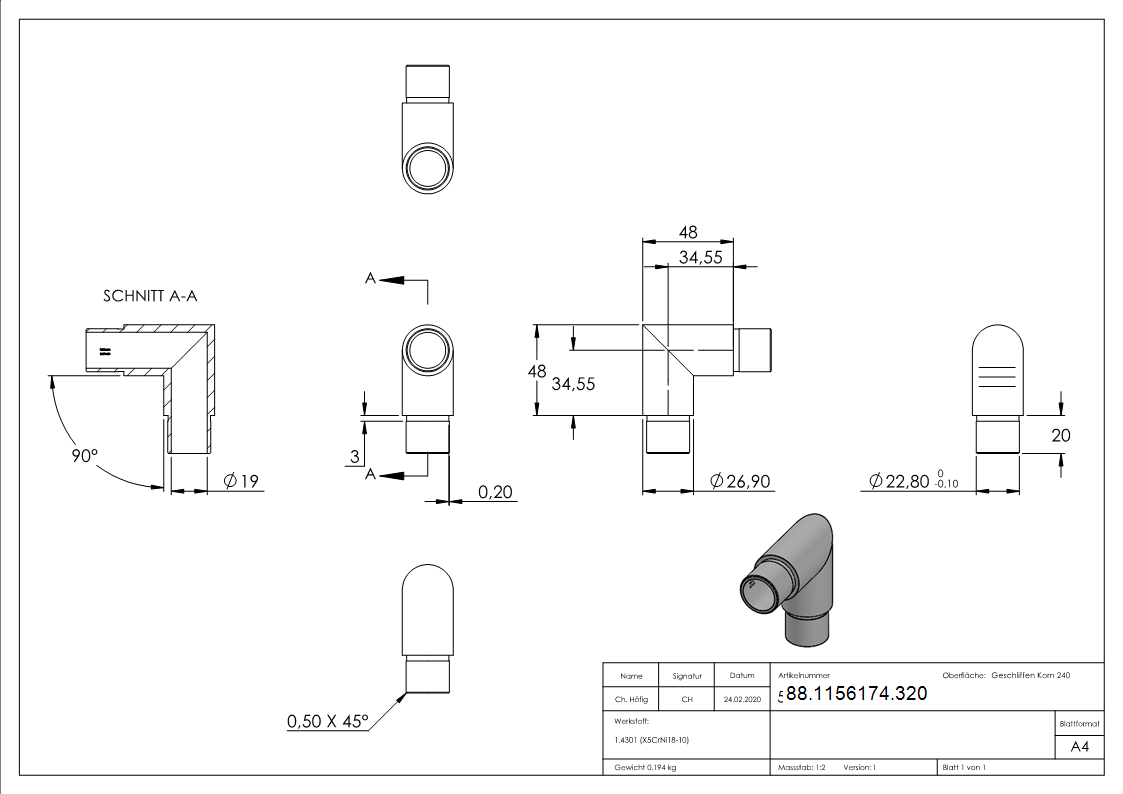 Pièce d'angle 90°, pour tube 26,9 x 2,0mm, V2A