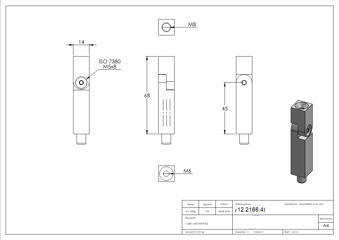 Vierkant Edelstahl Traegerstift Ø 14x14 mm mit Gelenk- Aussen- und Innengewinde V2A-12-2166.4