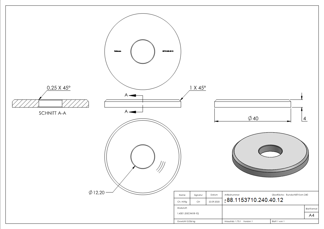 Ébauche circulaire, Ø 40 x 4mm, avec trou 12.2mm, V2A
